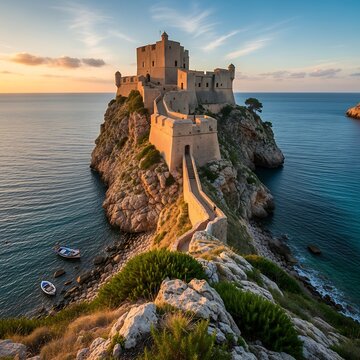 Ancient Castle on Rocky Island Surrounded by Ocean at Sunset.