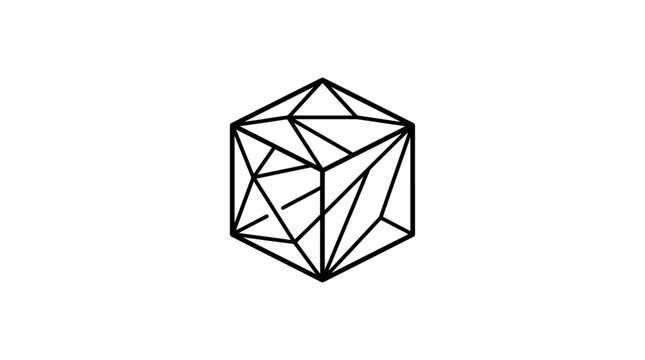 A geometric cube illustration featuring complex internal triangular line patterns on a white background.