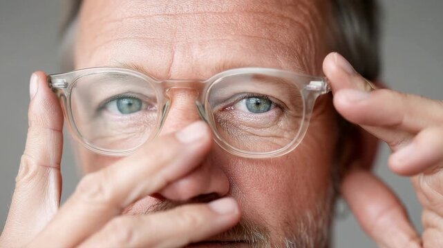 Close-up of mature man wearing transparent eyeglass frame adjusting glasses with hands focused on blue eye and facial expression with light beard and wrinkles