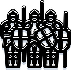 Fototapeta premium Three armored medieval warriors standing together, holding large shields and weapon poles, illustrating historical combat, protection, and military strength during ancient times