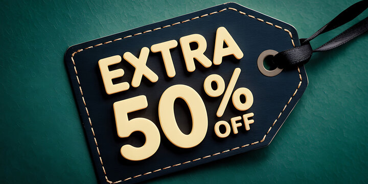 Black leather price tag with gold text extra fifty percent off and black ribbon sale discount