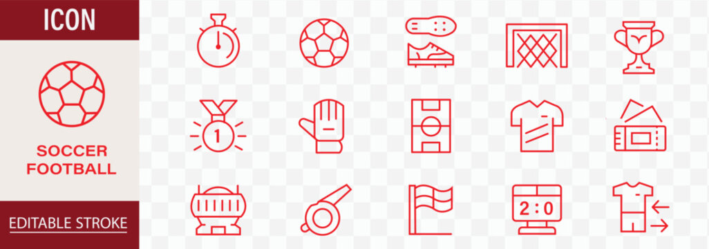 Football and Soccer Match Line Icon Set . Tournament Stadium icon set. Admission, trophies, soccer, stadium seating, and more. Editable stroke. Vector. Soccer football championship emblem shield goa