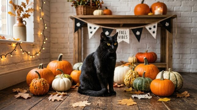 Black cat surrounded by pumpkins and autumn decorations for fall season