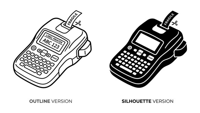Label Maker Machine, Outline and Silhouette: A detailed illustration of a label maker machine in both outline and silhouette versions, showcasing its keyboard, display.