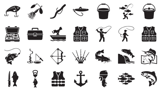 Fishing icons set with 28 black vector silhouettes, professional angling equipment and gear symbols, outdoor hobby and sport fishing elements