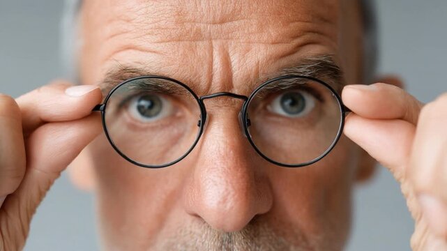 Close-up of mature man adjusting round eyeglasses with intense focused eyes and serious expression with visible skin texture and wrinkles