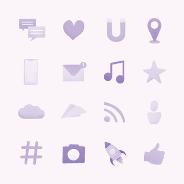 Cute purple watercolor social media icon set isolated on light background. Pastel aesthetic app icons bundle containing chat bubbles, heart, location pin, smartphone, mail notification, music note, st
