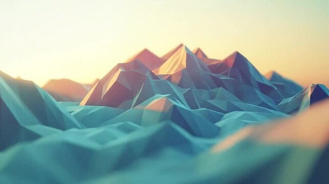 Low poly mountain landscape at sunrise with warm sky and cool tones