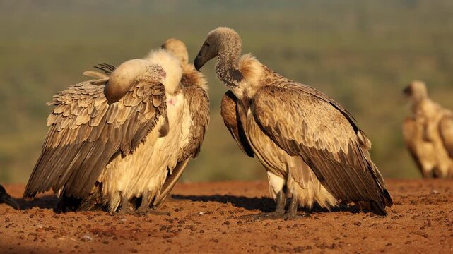 White-backed vultures (Gyps africanus) resting on the ground in early morning light, South Africa