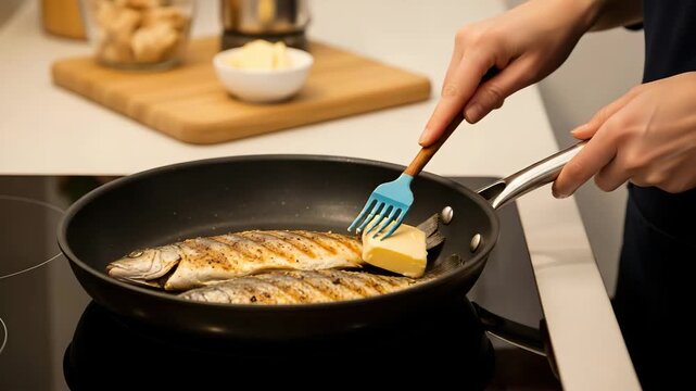 Closeup of a person cooking fish in a frying pan with butter
