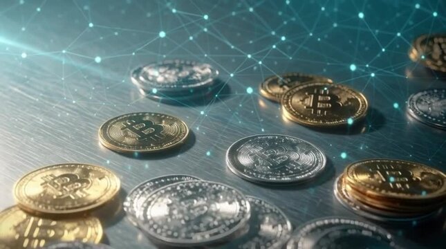 Cryptocurrency coins on a digital background.