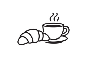 Obraz premium Croissant and Coffee Outline Vector Icon