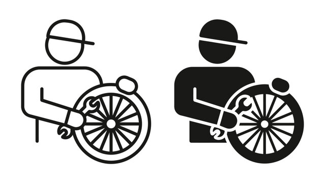 Mechanic Icon Set: A graphic representation of a mechanic's work, showing two stylized figures, one in outline and one in solid black, fixing a bicycle wheel with a wrench.