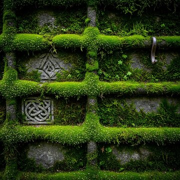 Lush Green Moss Covered Stone Wall with Intricate Carvings and Small Waterfall.