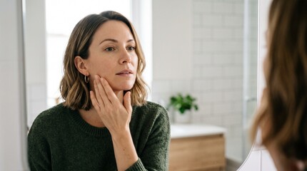 Obraz premium Beautiful young woman examining her skin condition in bathroom mirror, checking face tone, fine lines and hydration, commercial concept for skincare products, anti-aging and beauty