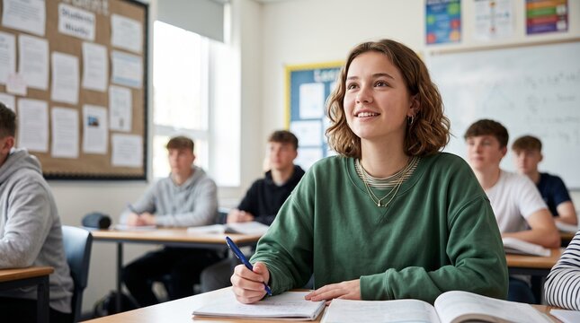 Happy high school girl student sitting at classroom desk listening attentively to lecture education concept focused young teenager with classmates learning in background