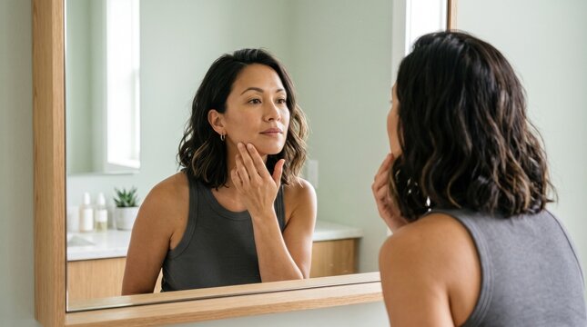 Beautiful asian woman touching smooth face skin looking in mirror doing morning routine. Mid adult female caring for skincare health applying anti aging cream lotion or facial serum in bathroom.