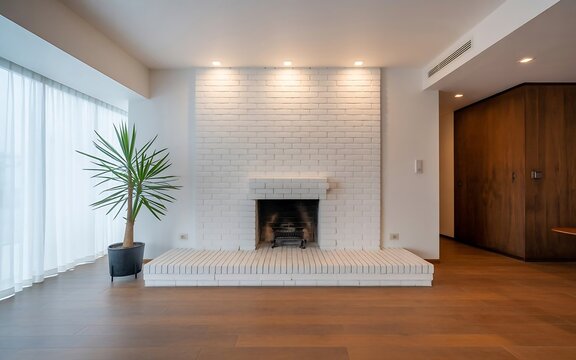 Modern Minimalist Living Room Interior Featuring a White Brick Fireplace and Indoor Plant Decor