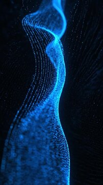 Blue digital particles flowing in a shimmering wave pattern for abstract tech background