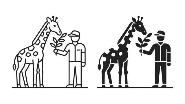 Animal Keeper with Giraffe: Iconographic representation of an animal keeper or zookeeper offering a branch to a giraffe, symbolizing care and interaction in a wildlife setting.