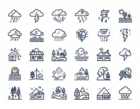 Set of minimalist weather and nature line icons including clouds, storms, sun, mountains, and landscape scenery for design