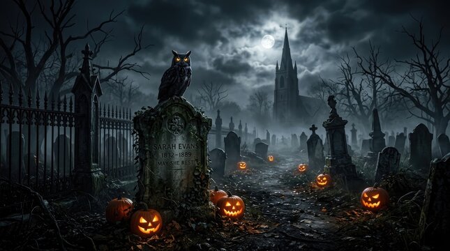 Spooky halloween night in a haunted graveyard