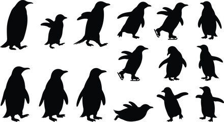 Penguin Silhouette Icon Set Featuring Antarctic Wild Birds in Various Poses Like Walking Skating and Swimming for Winter Graphic Designs © Shahanaj