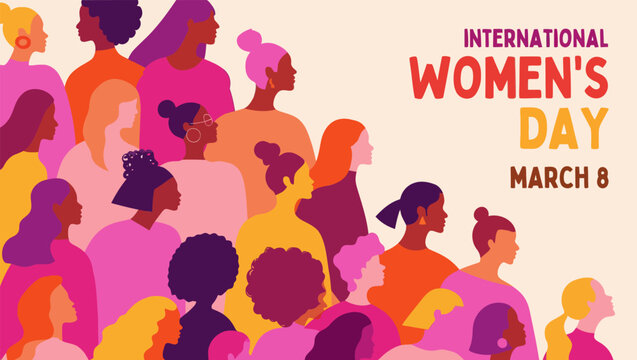 Diverse group of women illustrated in a vibrant flat design style celebrating international women day with bright pink orange and yellow colors on light background
