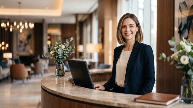 Beautiful smiling female receptionist standing at luxury hotel front desk registration counter. Professional corporate business woman secretary welcoming guests at modern office workspace.