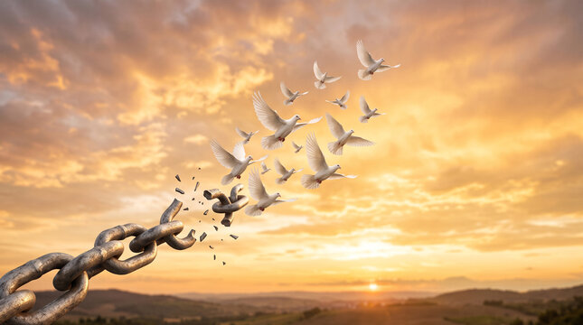 Doves flying out of a broken chain at sunset symbolizing freedom