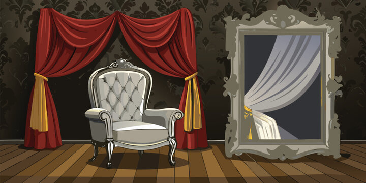 Vintage room with white armchair red curtains and ornate silver mirror vector illustration.