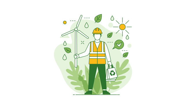 Green energy worker with wind turbine and recycling symbol.