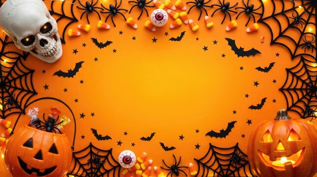 Halloween decorations flat lay skull pumpkins candy corn and spiderwebs