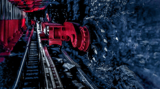 Underground coal mining machine cutting rock in dark tunnel