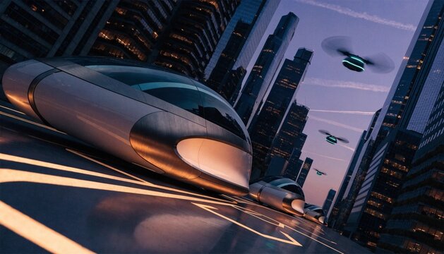 Autonomous transit hub at dusk with futuristic vehicles in motion