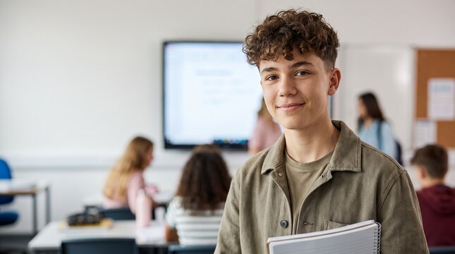 Handsome teenage boy student with curly hair holding notebook in high school classroom setting. Commercial portrait of smiling youth teenager pupil learning for education background.
