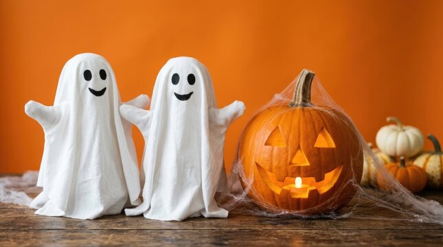 Halloween scene with ghost costumes and jack o lantern