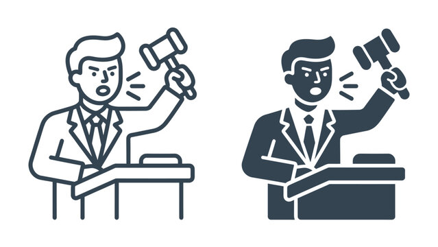 Legal Hammer: An authoritative figure, depicted as a lawyer or judge, stands behind a podium, aggressively wielding a gavel. This illustration conveys a sense of authority, judgment.