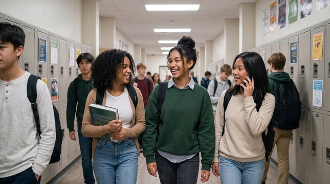 Diverse group of happy multiethnic high school teenage students walking and talking in school hallway by lockers, cheerful teenagers communicating together, secondary education concept