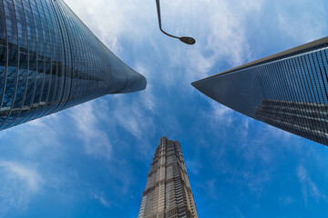 Shanghai Modern Skyscrapers Looking Up to Blue Sky © CaoVan