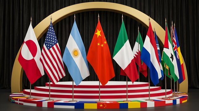 Multiple national flags arranged on podium with golden arch, symbolizing global unity, international cooperation, diplomacy, and multicultural celebration in formal event setting