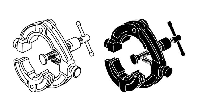 Industrial Clamp Tool: Two detailed illustrations of a heavy-duty clamp tool, one in line art and the other in solid black, showcasing its robust design and mechanical function.