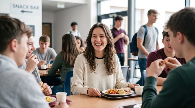 Group of cheerful high school students laughing during lunch break in cafeteria happy university campus life commercial youth community friendship