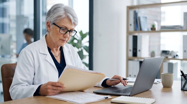Professional senior female physician checking medical records while working on laptop. Mature woman doctor researching clinical data in office.
