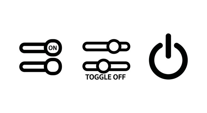 Set of power switch toggle icons for enabling or disabling digital device settings with interface electronic activation configuration function technology connectivity operation software