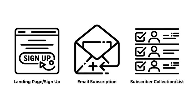 Online marketing conversion and subscription icon set for landing page and user management with subscription marketing conversion subscriber management business database communication internet