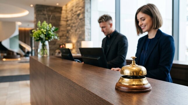 Golden reception bell on modern wooden front desk with blurred professional hotel staff working in luxury lobby, hospitality service concept