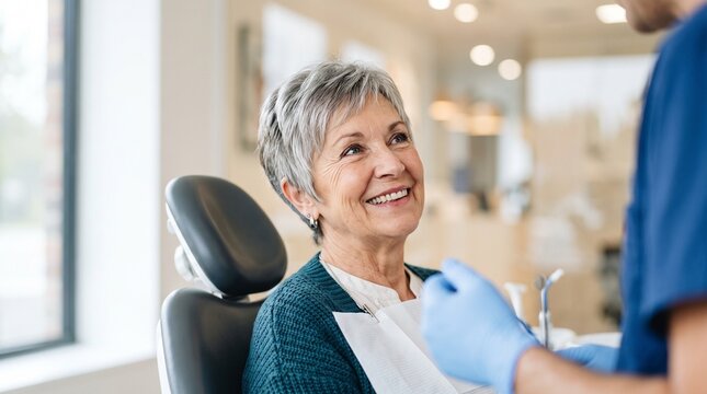 Happy senior woman sitting in dental chair smiling at dentist during checkup. Elderly female patient having medical appointment in modern stomtology clinic. Healthcare and senior teeth care.