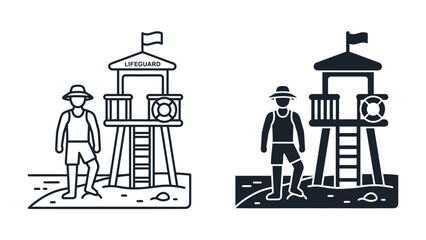 Lifeguard Tower and Attendant: A lifeguard stands ready near a lifeguard tower on a sandy beach, vigilant and prepared to ensure safety. © Al