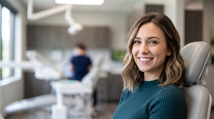 Fototapeta premium Portrait of beautiful young woman smiling in dental clinic chair before treatment. Happy female patient looking at camera in modern dentist office. Healthcare and perfect white smile concept.